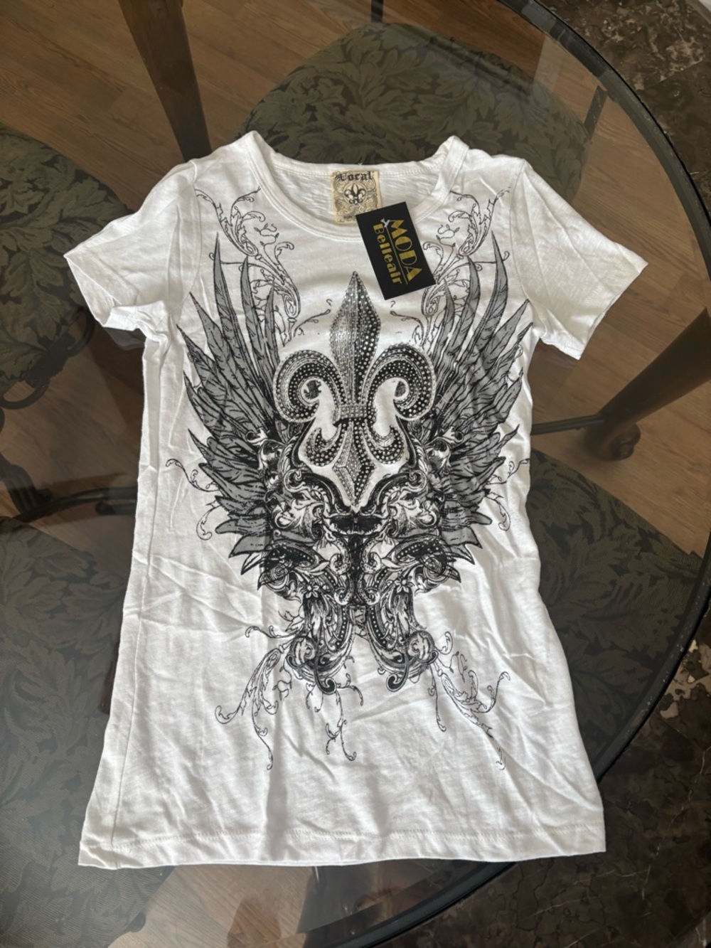 Vocal White Short Sleeve Tee with Black Fleur-de-Lis Wing Graphic